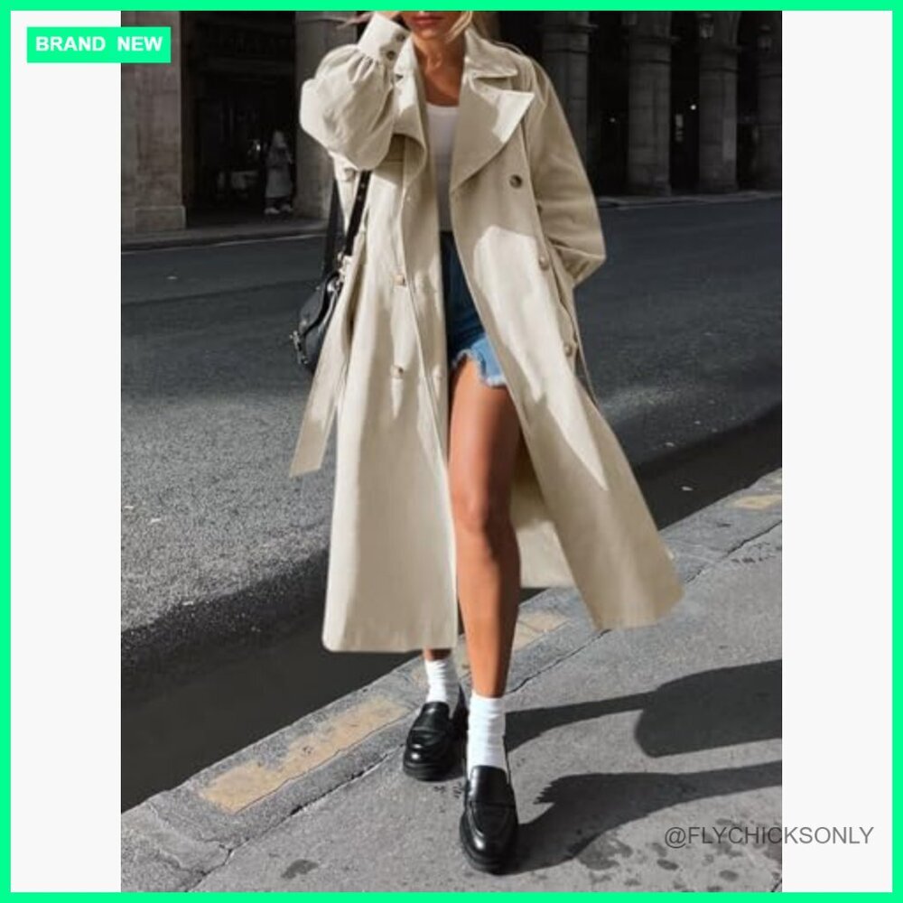 Long Trench Coat Oversized Double Breasted Lapel Polyester Blend Outerwear - Picture 3 of 7